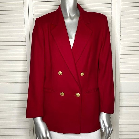 Vintage 90s CASABLANCA Petites Red Wool Blazer Double-Breasted Jacket Gold 4 - Picture 1 of 7